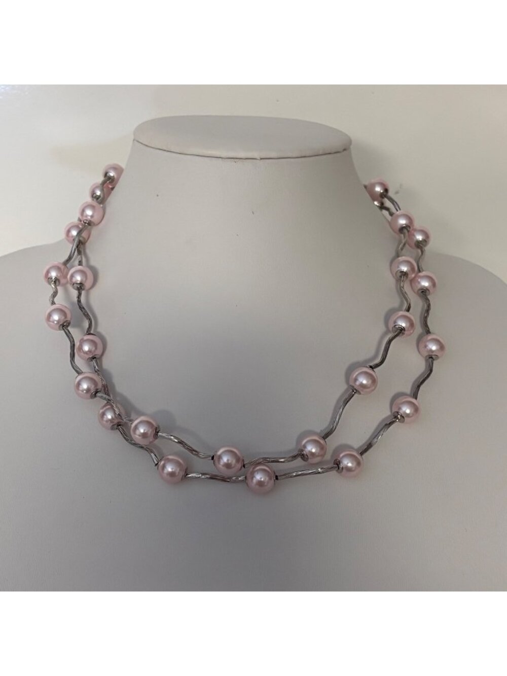 Pink Faux Pearl Silver Tone Necklace Double Strand Wavy Bar Beaded Jewelry